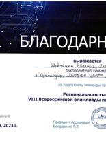 Благодарность за подготовку команды призера Регионального этапа VIII Всероссийской олимпиады по 3D-технологиям!