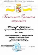 Шендер Екатерина награждена почетной грамотой за II место
